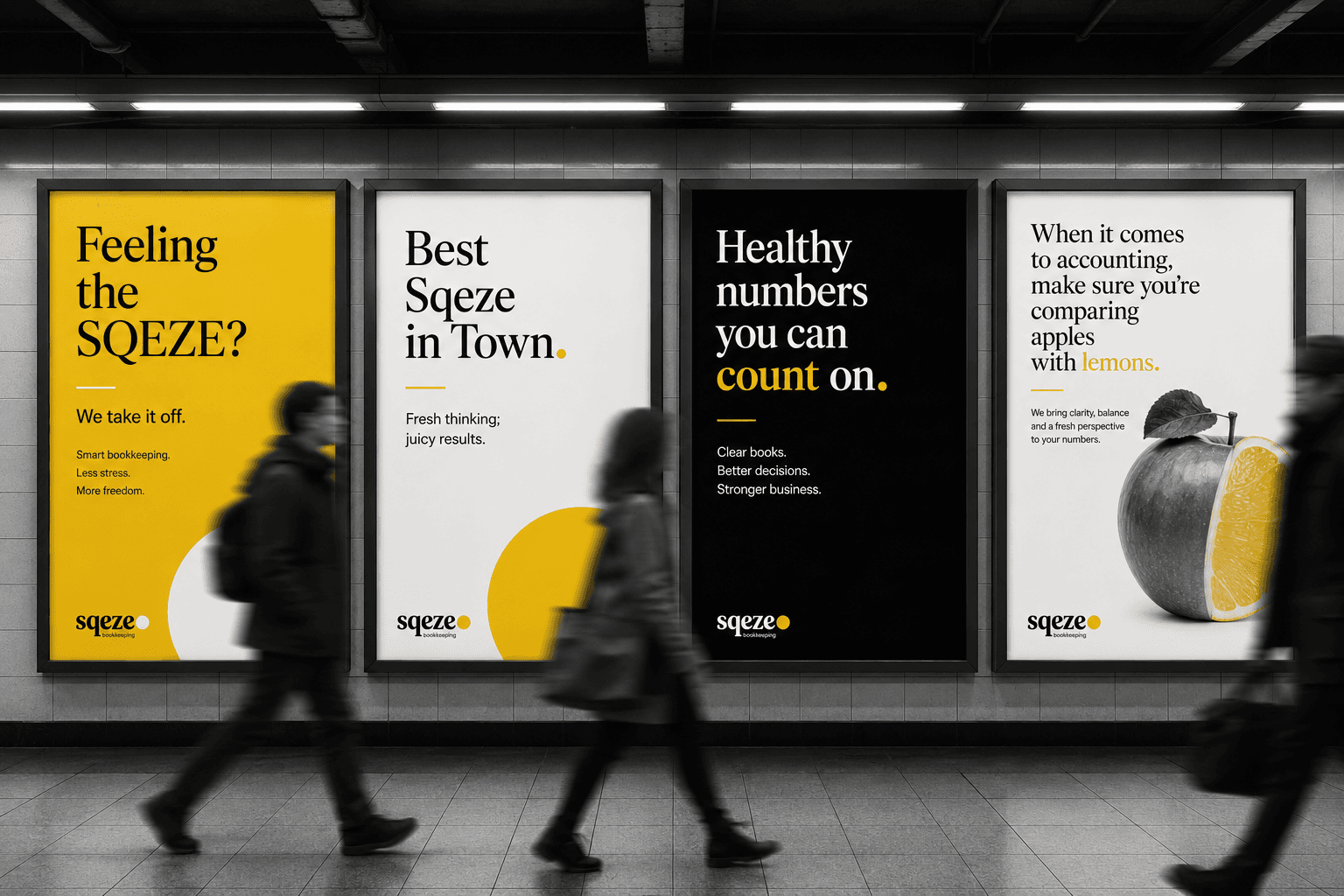 SQEZE bookkeeping campaign posters in an Australian city train station